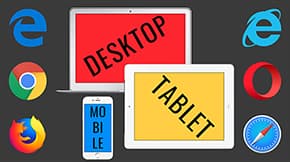Смартфон, планшет, ноутбук и 6 логотипов популярных браузеров